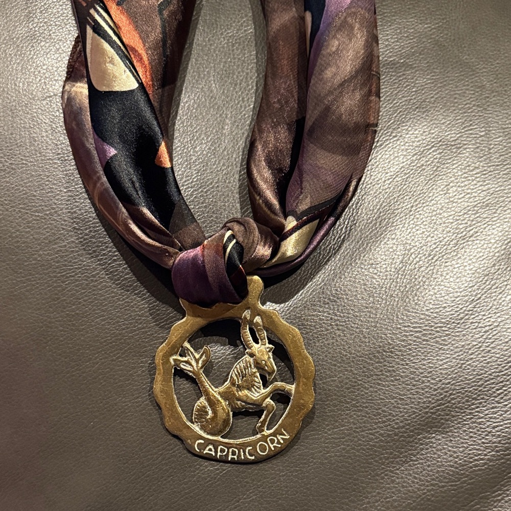 Capricorn Silk Scarf Piece with Gold-Tone Zodiac Pendant - Brown & Purple